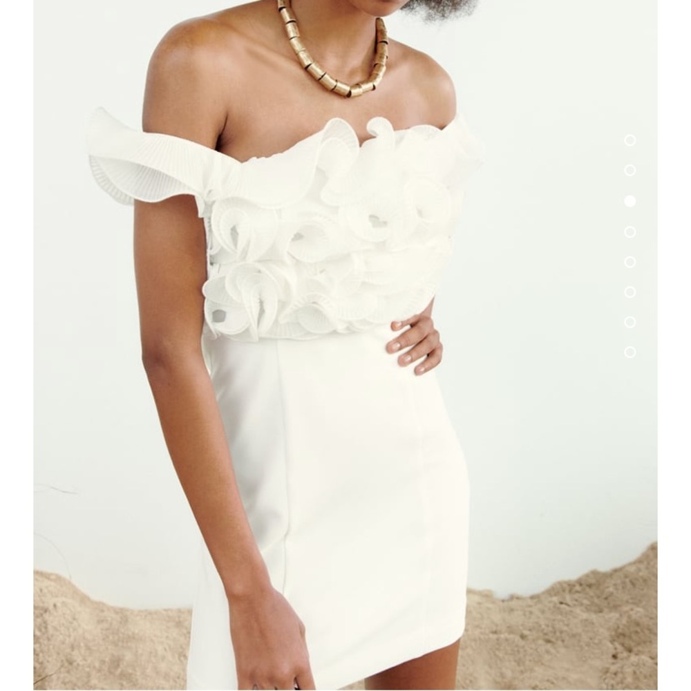 ZARA | Pleated ruffled mini dress | white